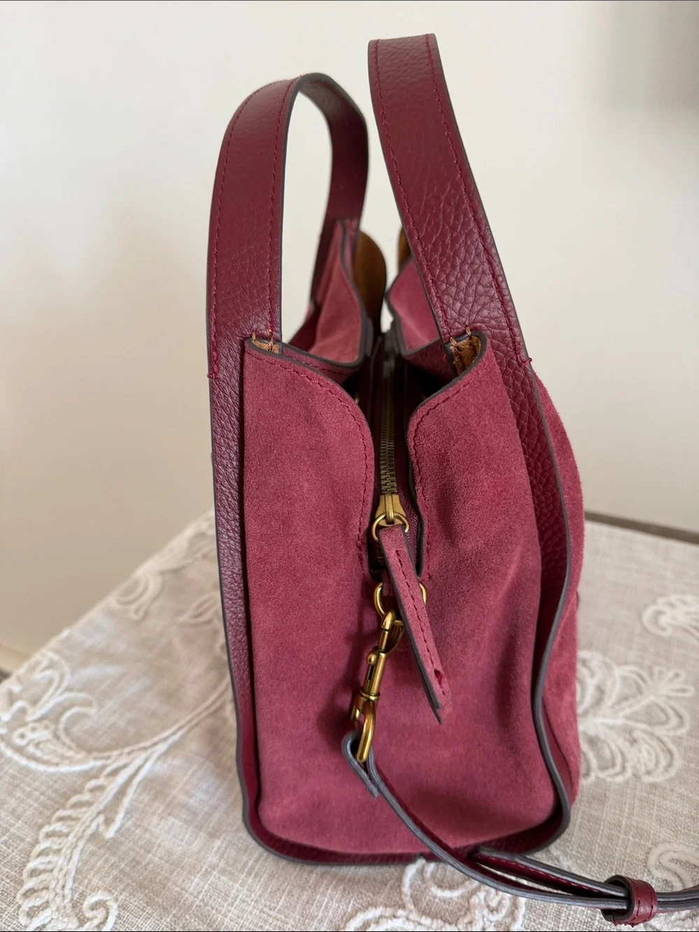 American Leather Co Auburn Suede w/Leather Strap/Handles & Trim Satchel.